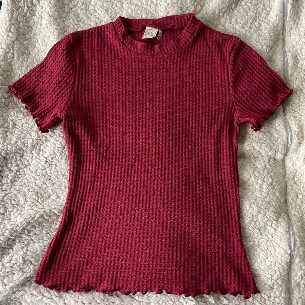 Paper‎ Crane Womens Top XS Red Waffle Knit Mock Neck Short Sleeve ruffle edges